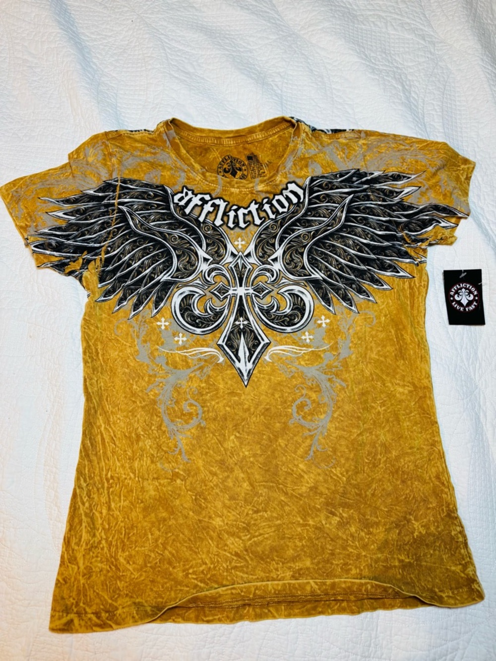 Affliction Mustard Yellow Winged Crest Graphic Tee NWT SZ SMALL